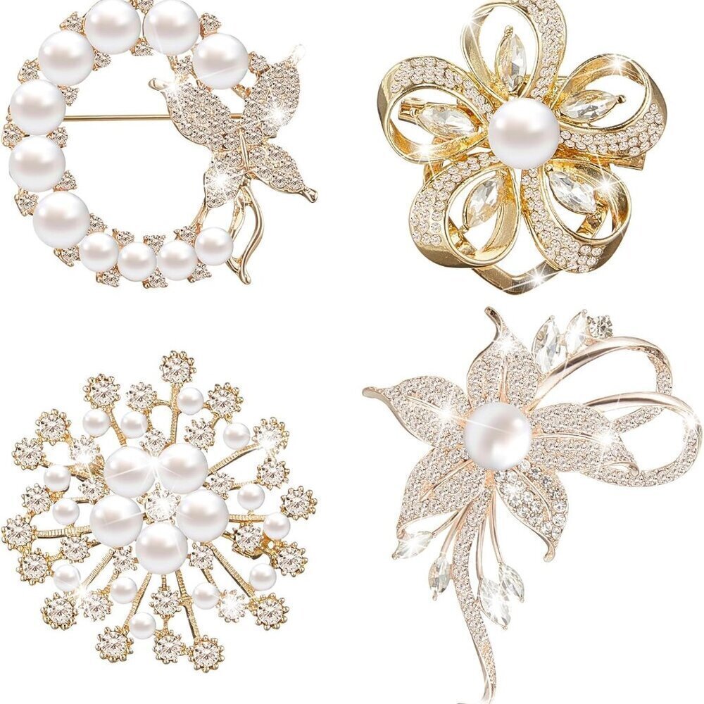 4 Pcs Brooches for Women Crystal Pearl Jewelry Wedding Christmas Gift